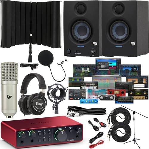 Focusrite Scarlett 2i2 4th Gen USB-C Audio Interface Bundle with PreSonus Eris 3.5 Studio Monitors Recording Shield Condenser Microphone Headphones and Cables : Musical Instruments